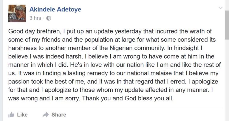 Prof Akindele Adetoye apologized to 2 face