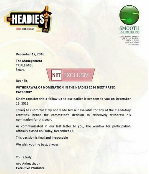Why Tekno Headies 'Next Rated' Nomination Was Withdrawn
