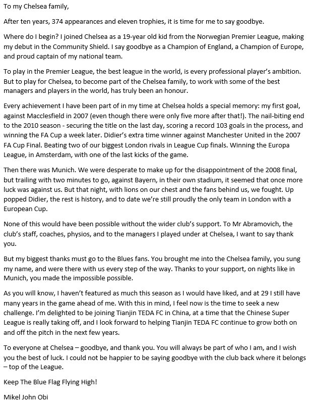 Mikel obi open letter to Chelsea fans