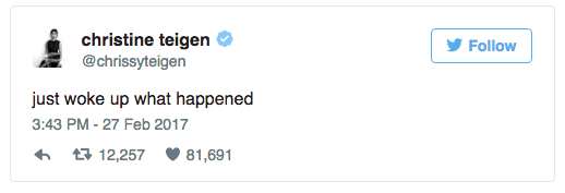 Chrissy Teigen tweet for Oscar 2017 dose off