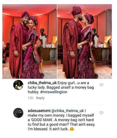 Adesua Etomi reply to a follower on money bad husband comment