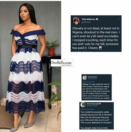 Popular OAP, Toke Makinwa Faces Severe Criticism For Her 'Chivalry' Comment On How Men Pay Her Bills %Post Title