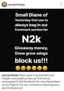Gossip Mill Naija,Lambasts BBN Diane Russet for Blocking Them 
