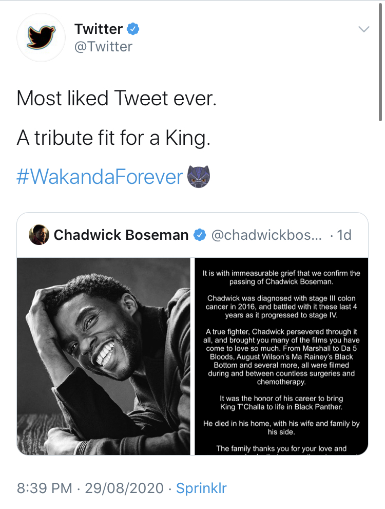 Twitter Says Chadwick Bosemans Obituary ‘most Liked Tweet Ever Olori Supergal 