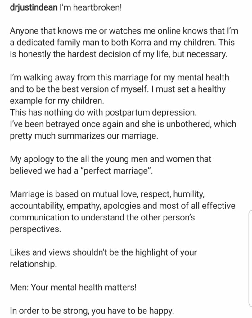 I'm walking away from this marriage for my mental health - Dr. Justin Dean reveals.