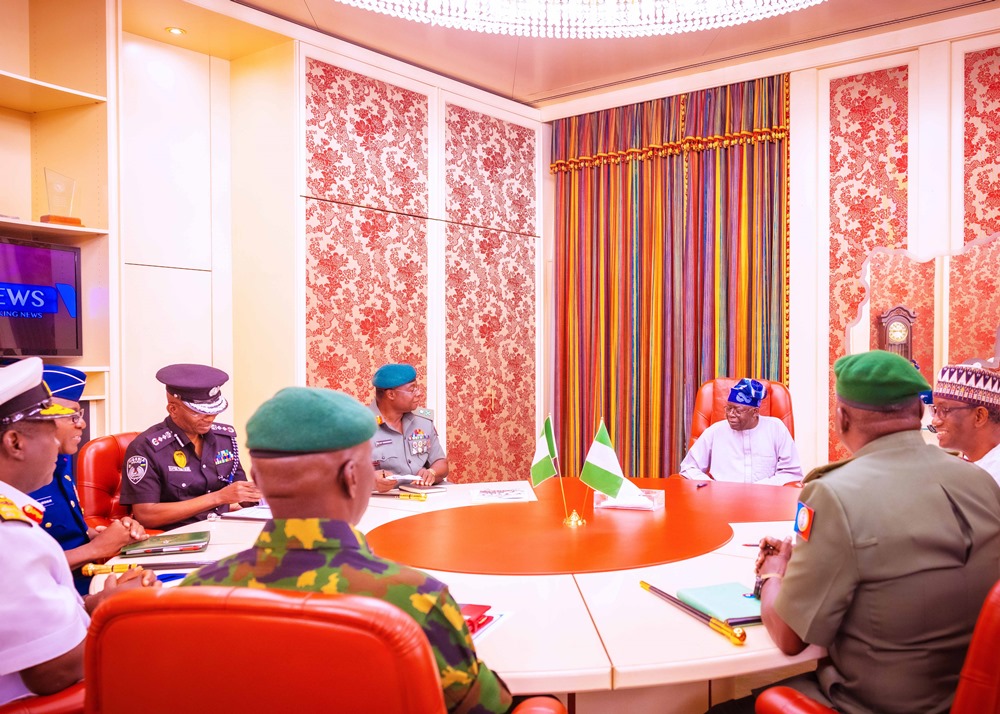President Bola Ahmed Tinubu (GCFR) holds the first meeting with Service Chiefs for the first time since their appointments. They are led by the National Security Adviser, Mallam Nuhu Ribadu. Photos: Nosa Asemota