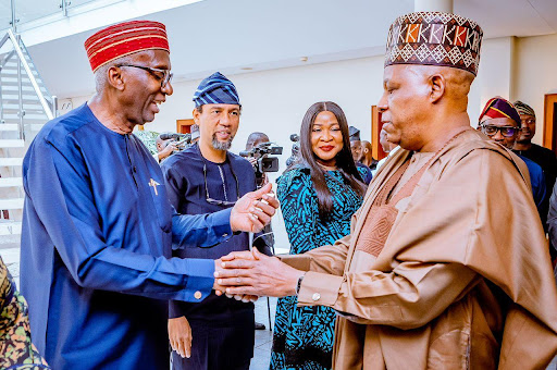L-R: Chairman, MTN Nigeria, Dr Ernest Ndukwe OFR.; Chief Executive Officer, MTN Nigeria, Karl Olutokun Toriola; Chief Broadband Officer, MTN Nigeria, Onyinye Ikenna-Emeka and Vice President, the Federal Republic of Nigeria, Kashim Shettima, during the courtesy visit by MTN Executives to the Presidential Villa in Abuja on September 26, 2023.