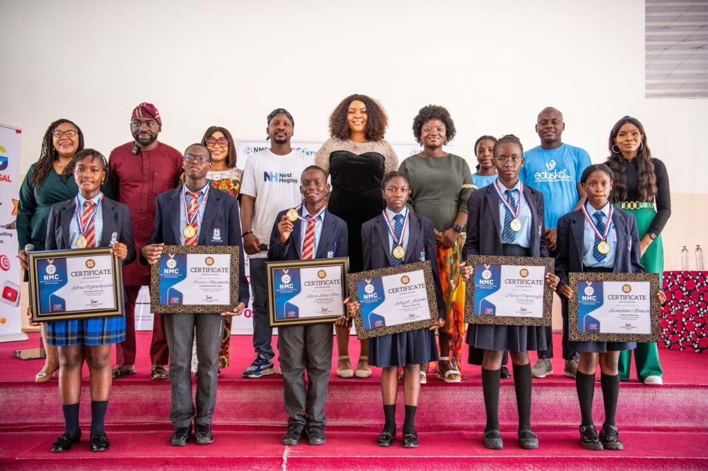 Oluwatosin Ajibade, the Convener of the New Media Conference, pictured alongside representatives from Debiruss School – Abigail Fajumo and Mercy Onyearugha, and Aanuoluwa Simeon. Osaruese Ikponmwoba, Alvina Oghenekparobo, and Akpan Abasi-Itoro proudly represented Chalcedony School in this notable gathering.