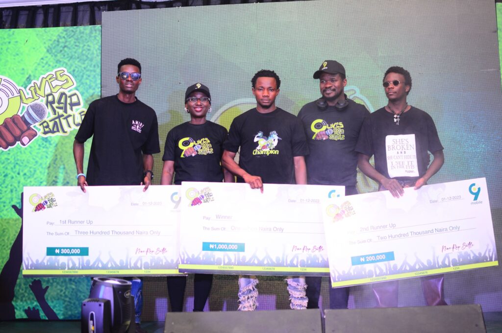 (L-R) 1st Runner Up, 9Lives Rap Battle competition, Folarin Michael Tokunbo (Mickey Fols); Public Relations Lead, 9mobile, Chineze Amanfo; Winner, 9Lives Rap Battle competition, Chigozie Godspower Obioma (Omeh Dee); Head of Brands & Creative Services, 9mobile, Adeola Kayode and 2nd Runner Up, 9Lives Rap Battle competition, Emmanuel Jonathan (Big Flow) at the 9Lives Rap Battle competition organized by 9mobile in Lagos, recently.
