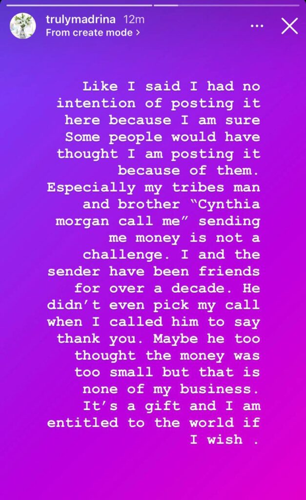 Cynthia Morgan on Olamide via Instagram stories