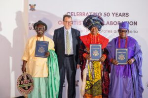 Legendary Nigerian painter and sculptor, Professor Bruce Onobrakpeya; U.S. Ambassador Richard Mills; founder of Nigeria's renowned Nike Art Gallery, Chief Nike Davies-Okundaye; with celebrated bead painter, Chief Jimoh Buraimoh; during the U.S. Exchange Alumni Lifetime Achievement Award, organized in commemoration of the 50 years of artistic collaborations between the United States and Nigeria and the 50-year Sister Cities partnership between Lagos and Atlanta-OLORISUPERGAL