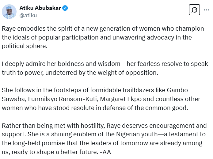 Nigerians React As Atiku Hails NYSC Member Uguamaye For Calling Tinubu A ‘Terrible Leader’