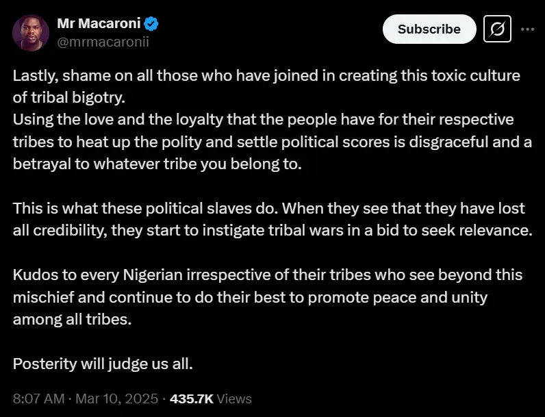 Mr. Macaroni Denounces The Escalation Of Tribal Prejudice In Nigerian Politics