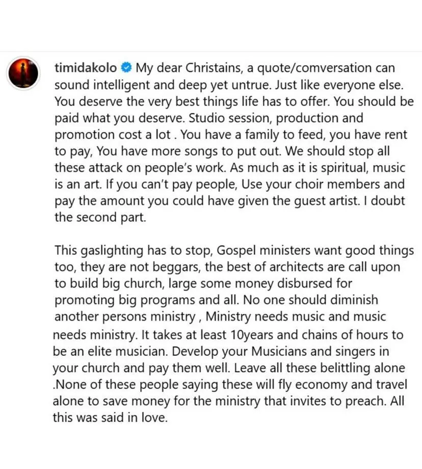 Timi Dakolo Reacts To Apostle Lazaurs' Comments About Gospel Singers Charging For Appearances