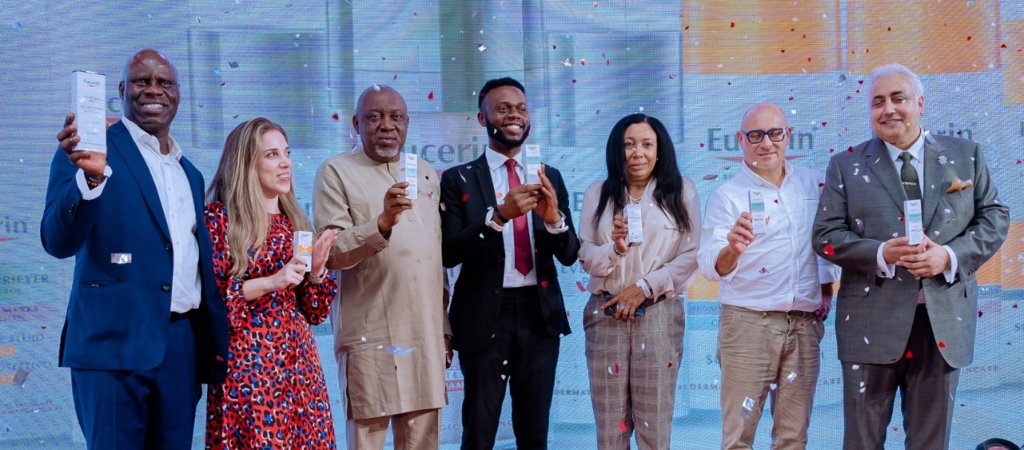 L-R Country Manager, Beiersdorf Nigeria, Oladele Adeyole; Regional Medical
Manager, Africa & Middle East, Beiersdorf, Nathalie Gemayel; Consultant
Dermatologist, UPTH & President, Nigerian Association of Dermatologists, Prof.
Altraide Dandeson; Commercial Marketing Manager, Central, East & West Africa
(CEWA), Beiersdorf, Victor Okafor; Consultant Dermatologist, LUTH & Vice President,
Nigerian Association of Dermatologists, Dr. Ayesha Akinkugbe; General Manager,
CEWA, Beiersdorf, Mathieu Levasseur, and United Kingdom’s award winning
dermatologist and laser consultant, Prof. Firas Al Niami at the launch of Beiersdorf’s
Eucerin in Ikeja, Lagos recently