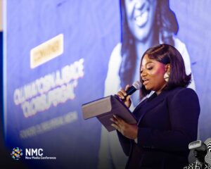 Tosin Ajibade delivering her opening speech at the New Media Conference 2025 in Lekki- OLORISUPERGAL MEDIA