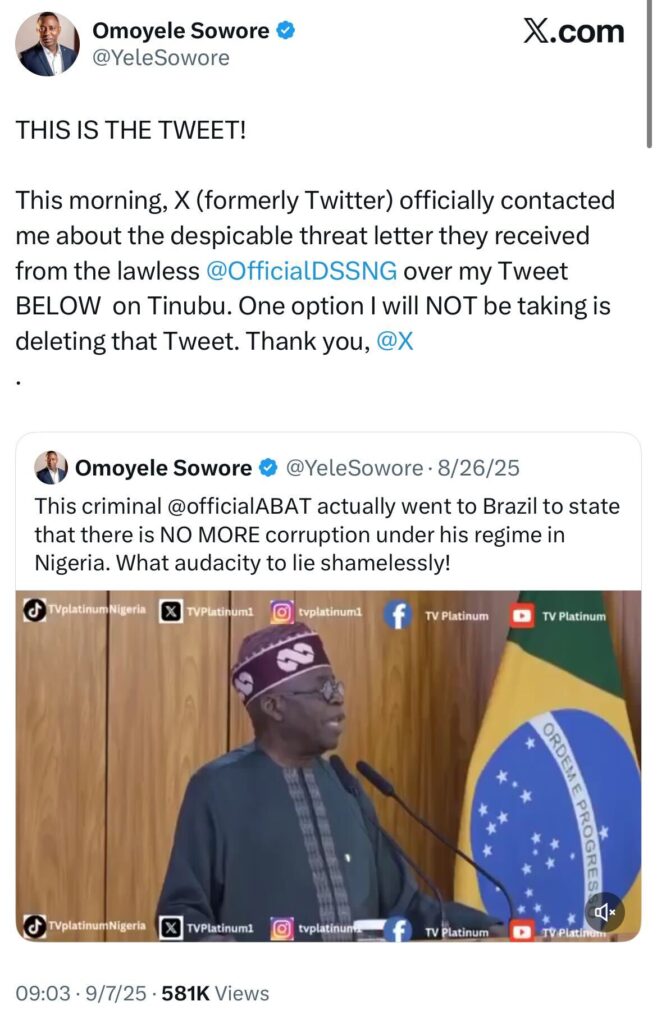 DSS Requests Deactivation of Sowore’s Account Over Tweet Targeting Tinubu- OLORISUPERGAL MEDIA 
