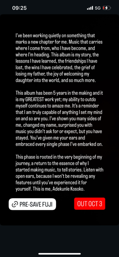 Adekunle Gold New Album “FUJI” -OLORISUPERGAL MEDIA