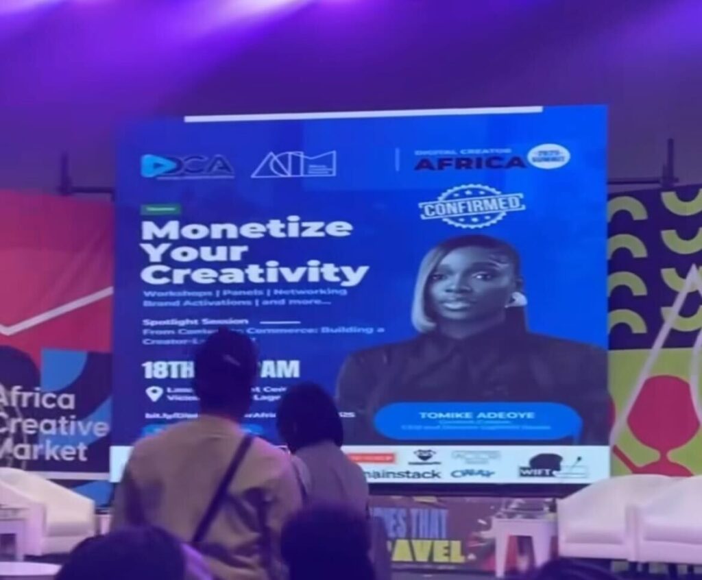 Tomike Adeoye (Olori Ebi) speaking at Digital Creator Summit in Lagos about her content creator journey- OLORISUPERGAL MEDIA