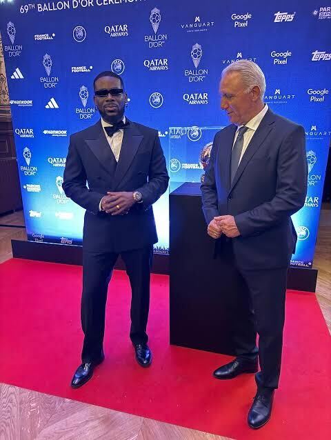 Adekunle Gold on the red carpet at the Ballon d’Or ceremony in Paris, drawing attention from fans worldwide-OLORISUPERGAL MEDIA