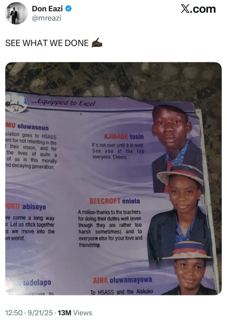 Yearbook photo of Mr Eazi and classmates with motivational quote from his secondary school days- OLRORISUPERGAL MEDIA