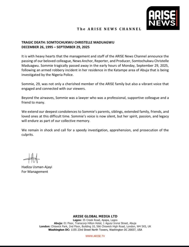 Arise TV Anchor Somtochukwu Christelle Maduagwu Killed in Abuja Robbery-OLORISUPERGAL MEDIA