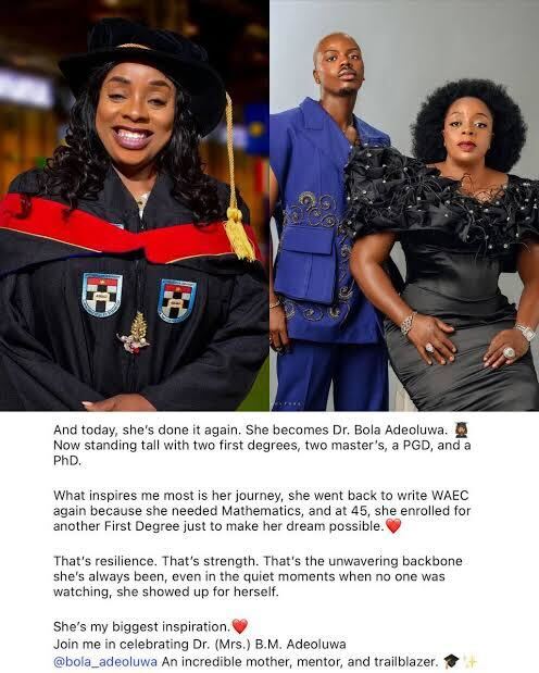 Enioluwa Adeoluwa Celebrates Mum as She Earns PhD After Re‐Writing WAEC at 45-OLORISUPERGAL MEDIA