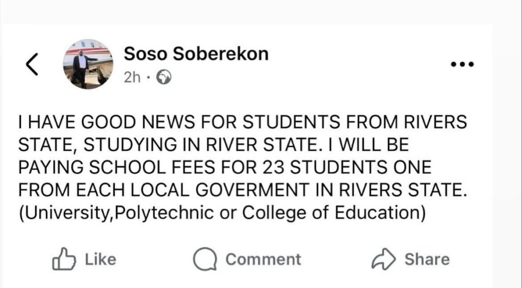Soso Soberekon Announces Scholarship Scheme for 23 Rivers State Students-OLORISUPERGAL MEDIA