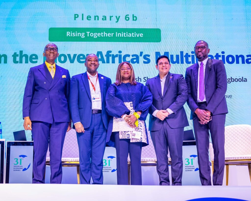 L–R: Dr Ernest Ndukwe (OFR), Chairman, MTN Nigeria; Olaniyi Yusuf, Chairman, Nigerian Economic Summit Group (NESG); Cecilia Akintomide, Chairperson, UN Sanitation and Hygiene Fund; Girish Sharma, MD/CEO, Guinness Nigeria Plc; and Olugbenga Agboola, CEO, Flutterwave, during the panel session on “Rising Together Initiative: Titans on the Move – Africa’s Multinationals” at the 31st Nigerian Economic Summit (NES), held at the Transcorp Hilton, Abuja, on Wednesday, 8th October 2025- OLORISUPERGAL MEDIA