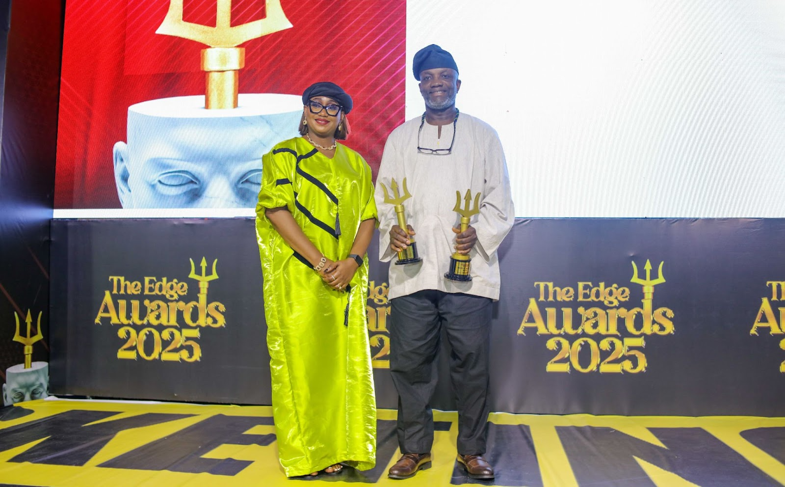 Victoria Ajayi, Group Managing Director and CEO, TVC Communications and Funso Aina, Senior Manager, External Relations, MTN Nigeria, during the Marketing EDGE Awards presentation, where MTN Nigeria was honoured as Brand of the Year, and Onyinye Ikenna-Emeka, Chief Marketing Officer, received the Brand Personality of the Year award. The event was held at Sheraton Hotel, Ikeja, Lagos, on Friday, September 26, 2025-OLORISUPERGAL MEDIA