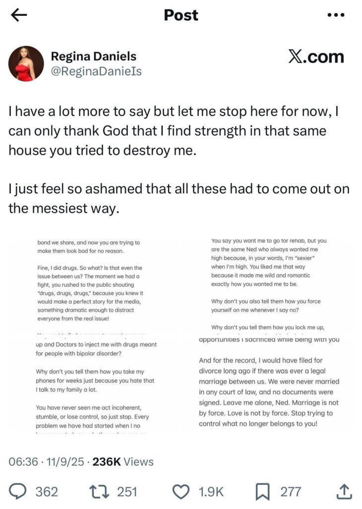 Regina Daniels Speaks Out as Marital Tensions with Ned Nwoko Escalate-OLORISUPERGAL MEDIA

