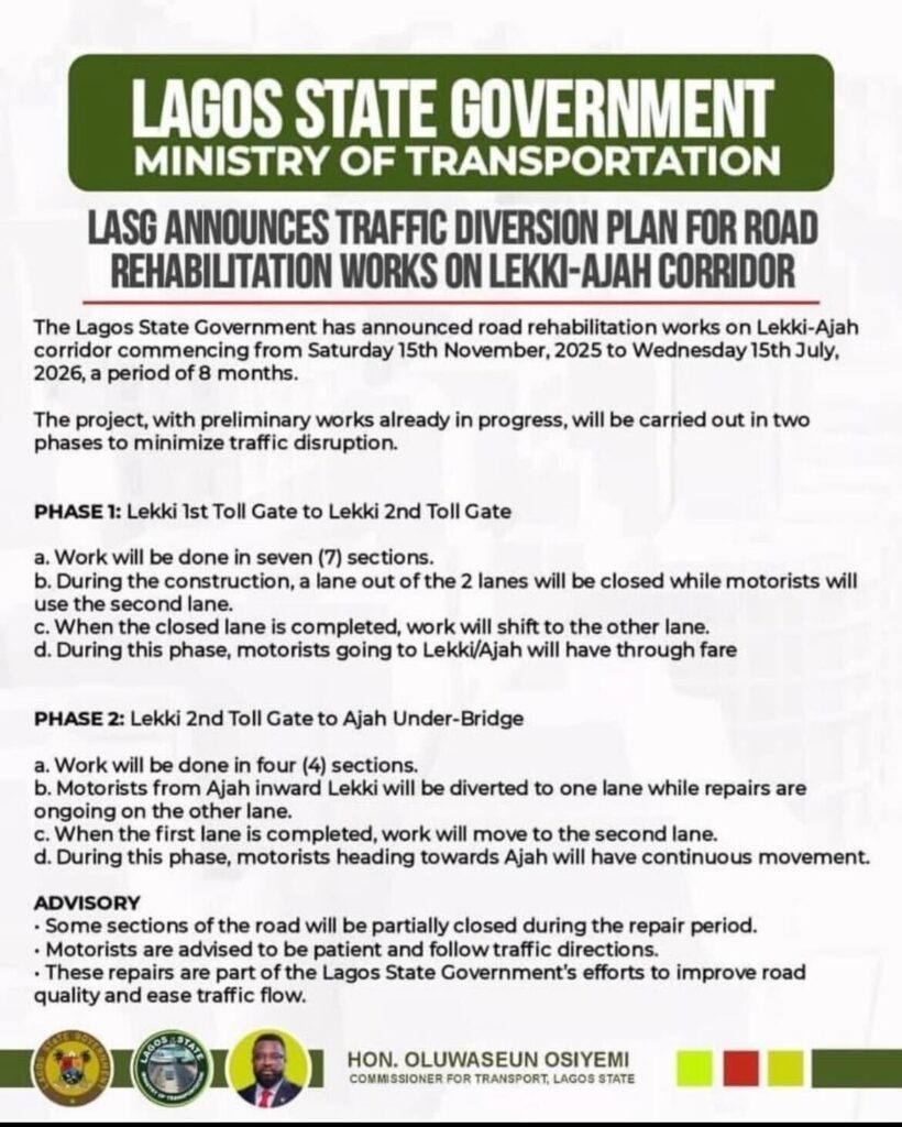 Lagos announces partial Lekki–Ajah road closure for eight months of rehabilitation-OLORISUPERGAL MEDIA
