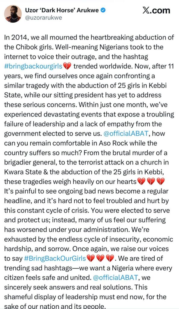 Uzor Arukwe Faults President Tinubu’s Silence as He Reacts to Kebbi Girls Abduction-OLORISUPERGAL MEDIA