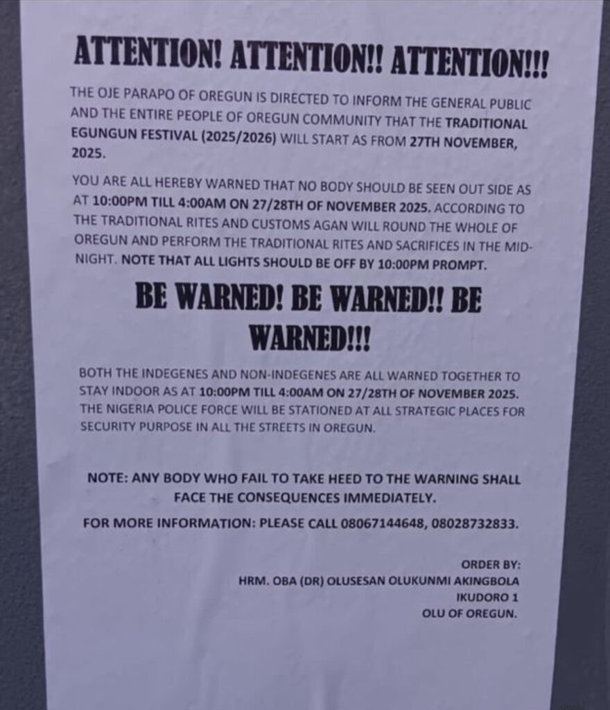 Oregun Leaders Announce Mandatory Lock-In and Night Curfew for Egungun Festival - OLORISUPERGAL MEDIA 
 