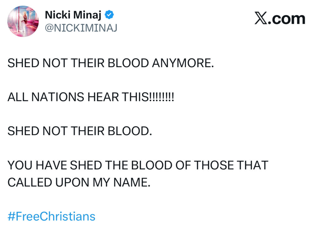 Nicki Minaj Speaks Again on K!ll!ngs of Christians in Nigeria - OLORISUPERGAL MEDIA 
