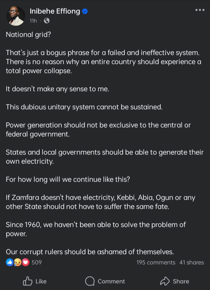 Inibehe Effiong Reacts as Nigeria’s National Grid Collapses Yet Again