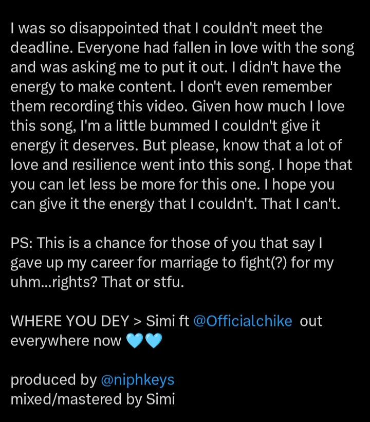 Simi Shares Why "Where You Dey" Featuring Chike Was Delayed