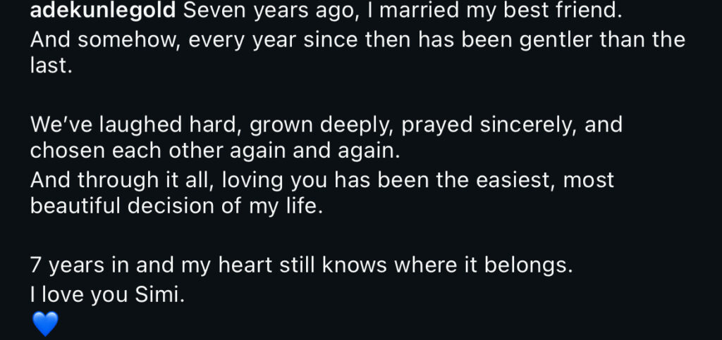 Simi and Adekunle Gold Celebrate Seven Years of Marriage With Emotional Anniversary Messages - OLORISUPERGAL MEDIA 
