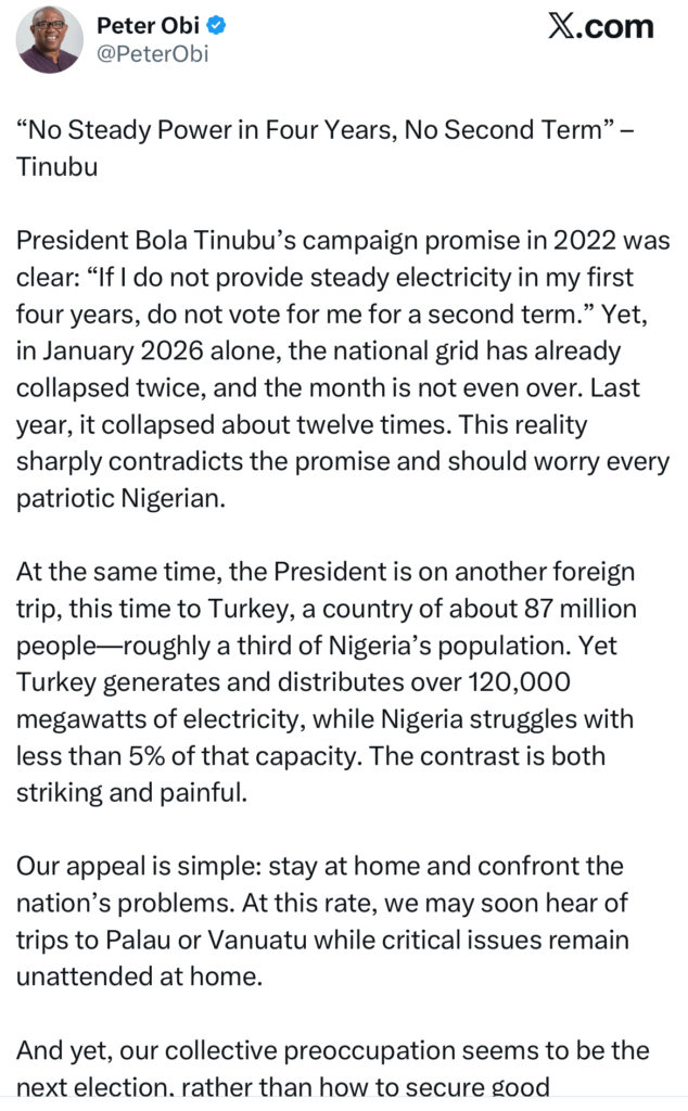 Peter Obi Slams Tinubu Over Frequent National Grid Collapses and Electricity Promise- OLORISUPERGAL MEDIA 
