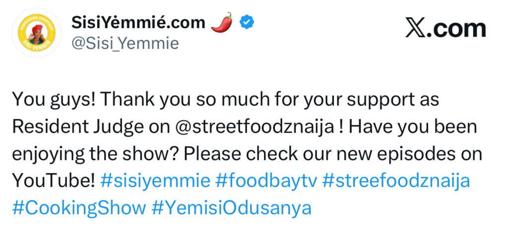 Sisi Yemmie Appreciates Fans for Support as Resident Judge on Street Foodz Naija - OLORISUPERGAL MEDIA 
