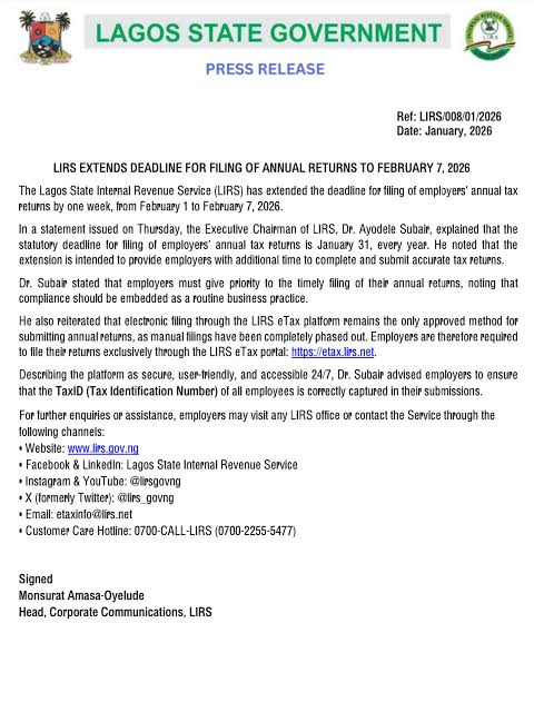 Lagos State IRS Extends Employers’ Annual Tax Deadline to February 7, 2026 -OLORISUPERGAL MEDIA 
