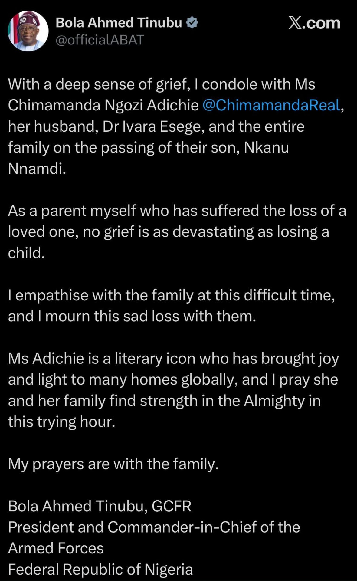 Tinubu Condoles With Chimamanda Adichie Over Loss of Her Son