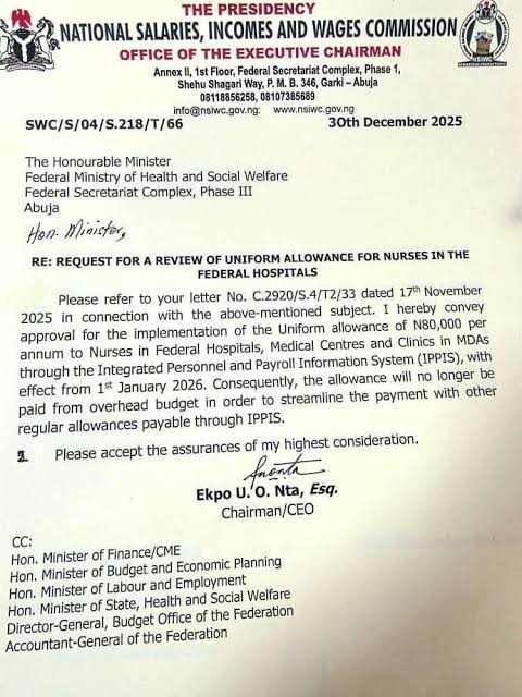 FG Raises Nurses’ Uniform Allowance to N80,000 Amid Healthcare Welfare Push - OLORISUPERGAL MEDIA