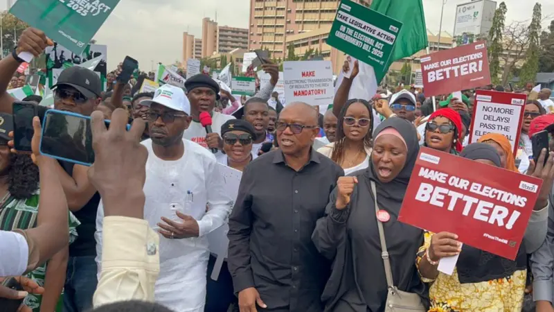 Obi Leads Protesters To National Assembly Over Real Time Transmission Of Election Results Debate - OLORISUPERGAL MEDIA 