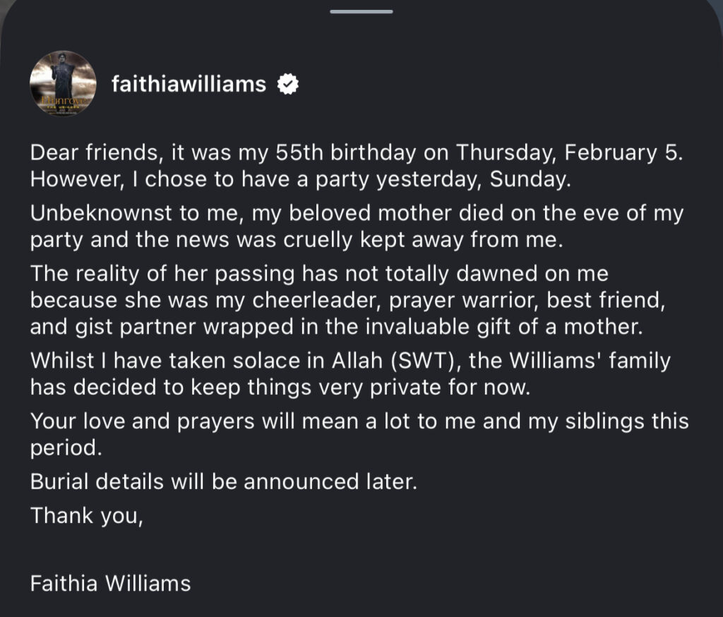 Faithia Williams Announces Mother’s Passing, Reveals Family Hid News Until After Her 55th Birthday - OLORISUPERGAL MEDIA