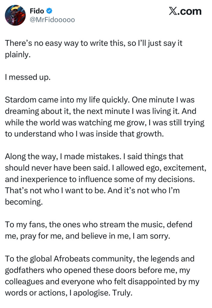 Fido Breaks Silence With Emotional Apology, Admits ‘I Messed Up’ After Controversy - OLORISUPERGAL MEDIA 