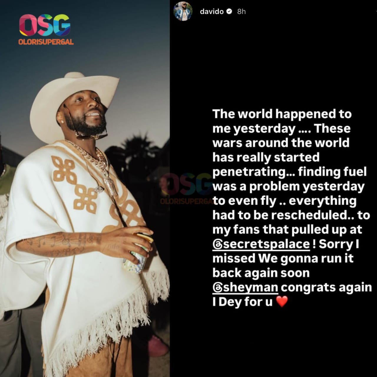 Davido apologizes to fans after missing show due to travel disruption