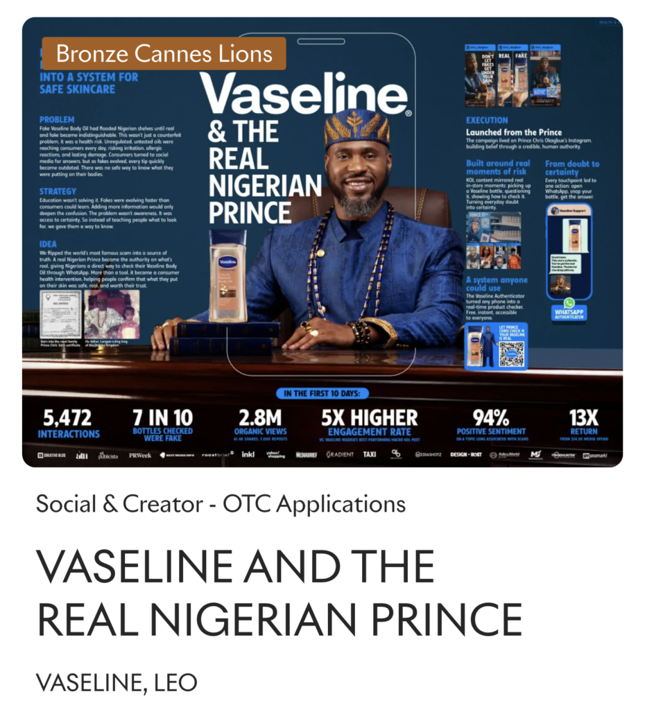 Vaseline & The Real Nigerian Prince, winner of a Bronze Lion in the Social & Creator – OTC Applications category at the 2026 Cannes Lions.