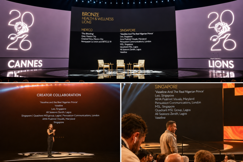 2026 Cannes Lions stage displaying credits for the award-winning Vaseline & The Real Nigerian Prince campaign, including AMA Psalmist Visuals.
