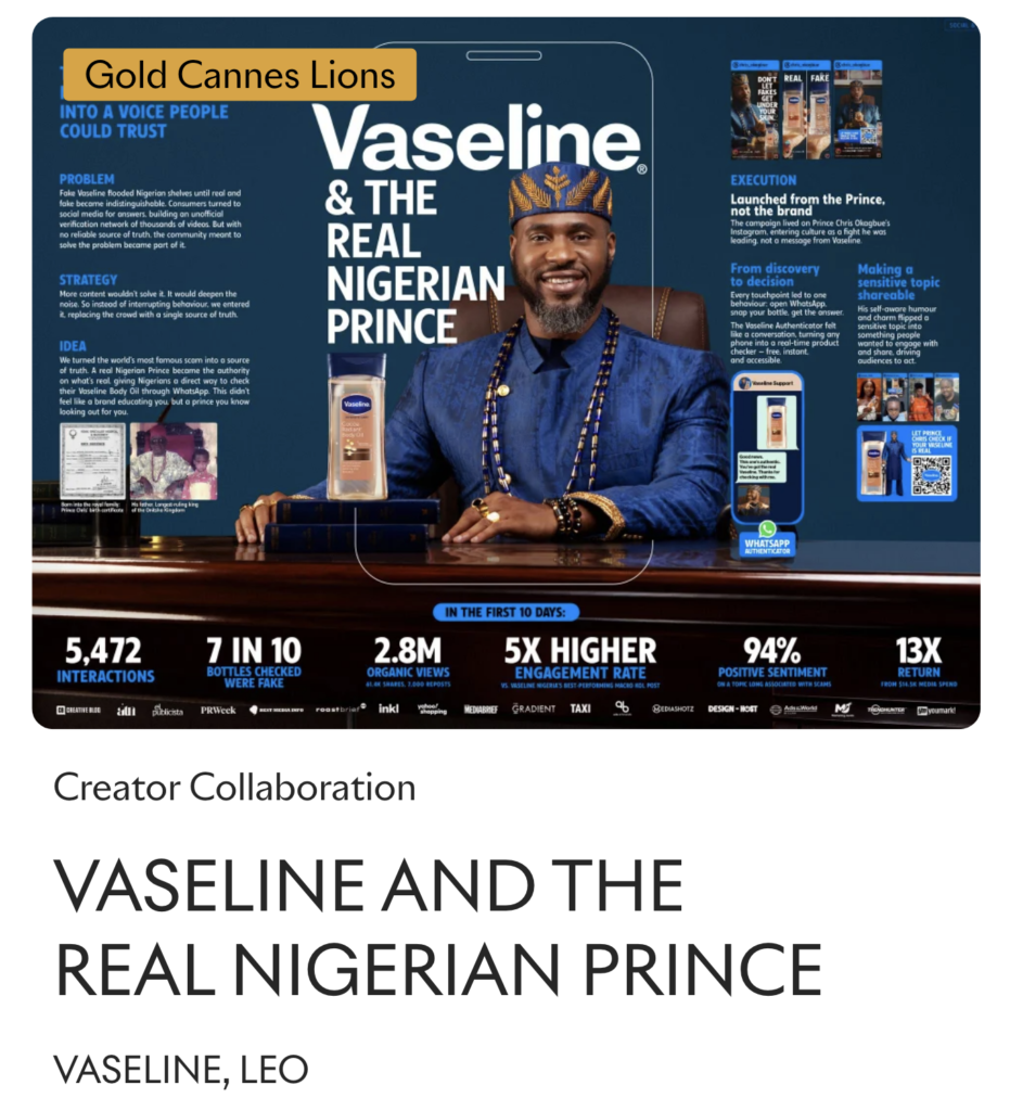 Vaseline & The Real Nigerian Prince, winner of the Gold Lion in the Creator Collaboration category at the 2026 Cannes Lions.